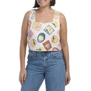 Joie Linen Blend Boxy Square Neck Tank Top Amalfi Print Size L Large EUC!